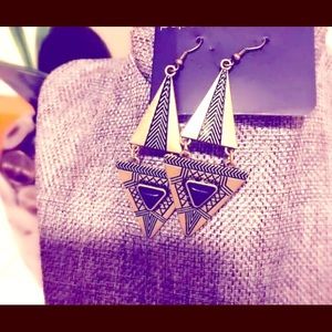 Vintage Brass And Onyx Fish Hook Earrings